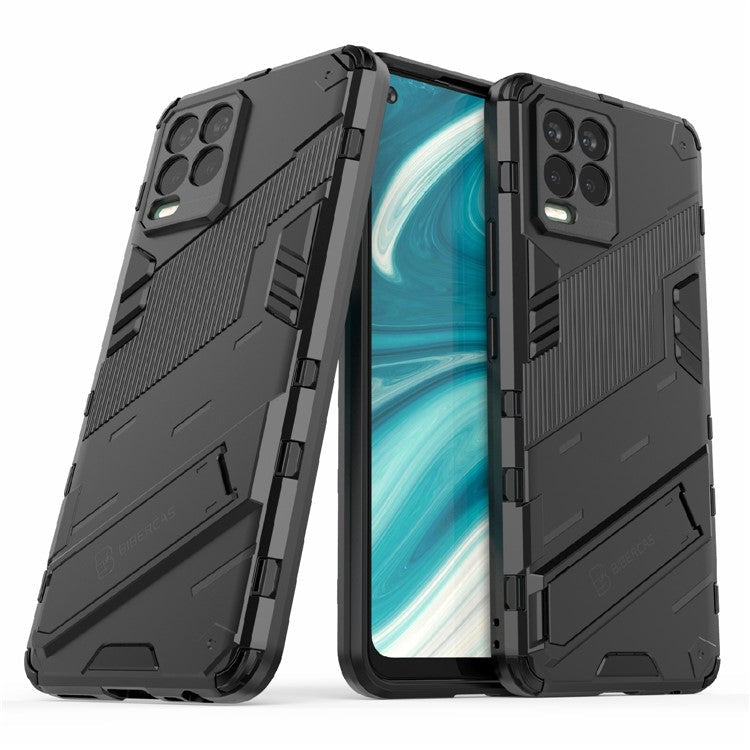 Foldable Kickstand PC + TPU Shockproof Hybrid Phone Back Case Cover for Realme 8 - Black