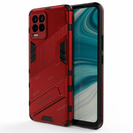 Foldable Kickstand PC + TPU Shockproof Hybrid Phone Back Case Cover for Realme 8 - Red