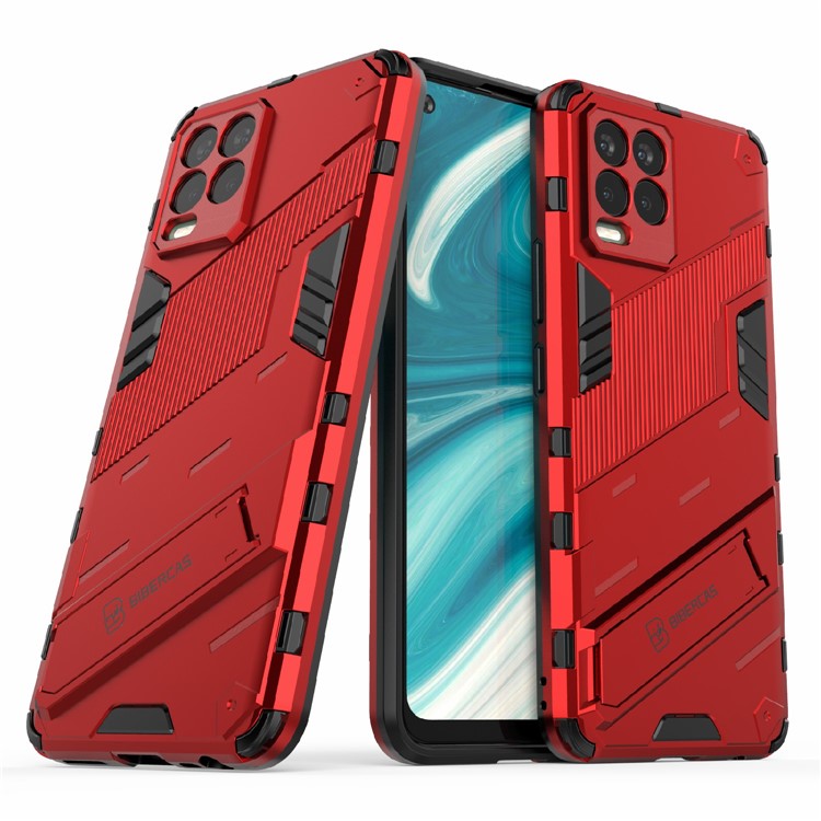 Foldable Kickstand PC + TPU Shockproof Hybrid Phone Back Case Cover for Realme 8 - Red