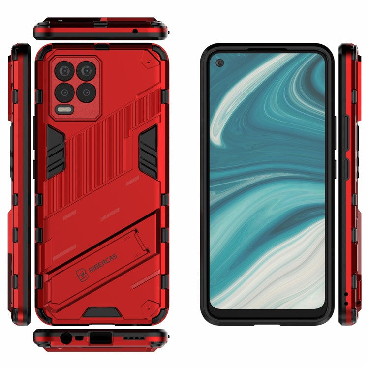 Foldable Kickstand PC + TPU Shockproof Hybrid Phone Back Case Cover for Realme 8 - Red