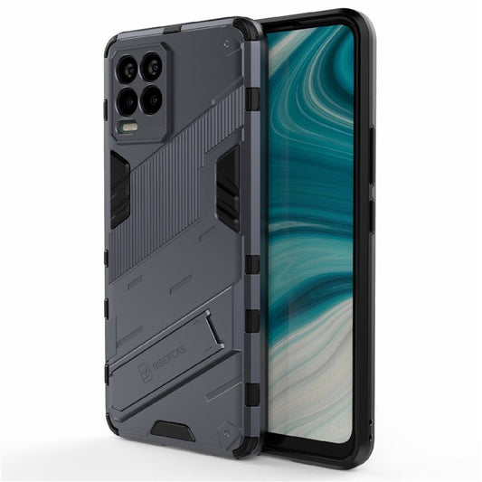 Foldable Kickstand PC + TPU Shockproof Hybrid Phone Back Case Cover for Realme 8 - Dark Blue