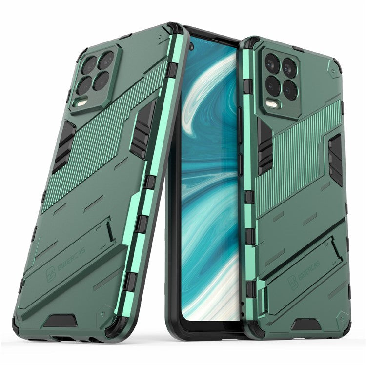 Foldable Kickstand PC + TPU Shockproof Hybrid Phone Back Case Cover for Realme 8 - Green