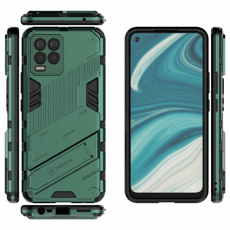 Foldable Kickstand PC + TPU Shockproof Hybrid Phone Back Case Cover for Realme 8 - Green