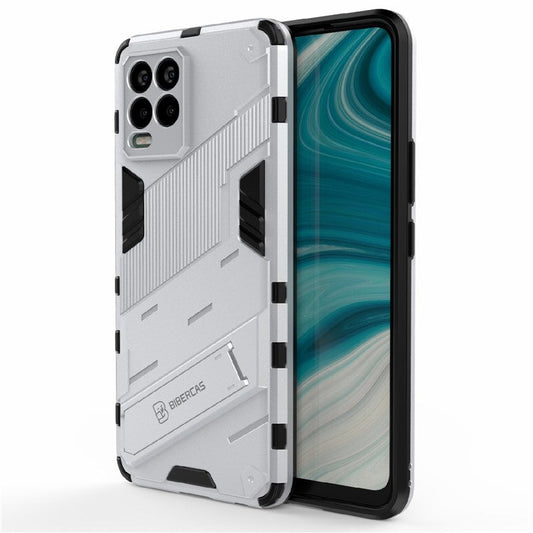 Foldable Kickstand PC + TPU Shockproof Hybrid Phone Back Case Cover for Realme 8 - White