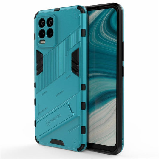 Foldable Kickstand PC + TPU Shockproof Hybrid Phone Back Case Cover for Realme 8 - Baby Blue