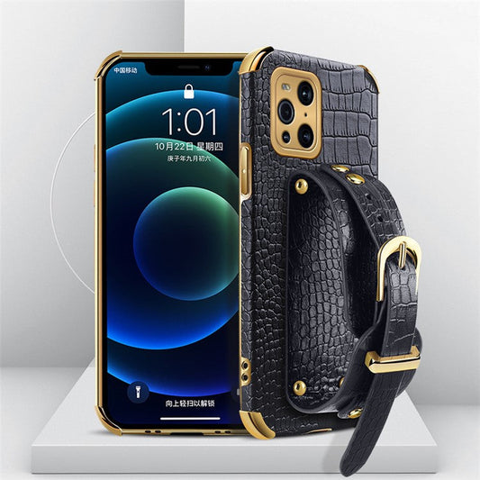 6D Electroplated Crocodile Texture Wrist Strap PU Leather Coated TPU Phone Case Cover for Oppo Find X3/Find X3 Pro - Black