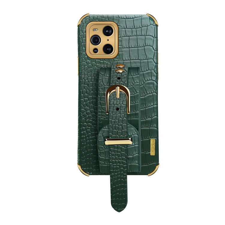 6D Electroplated Crocodile Texture Wrist Strap PU Leather Coated TPU Phone Case Cover for Oppo Find X3/Find X3 Pro - Green
