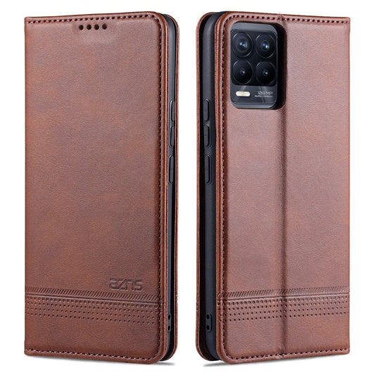 AZNS Auto-absorbed Magnetic Stand Wallet Case Leather Phone Shell for Realme 8/8 Pro - Coffee