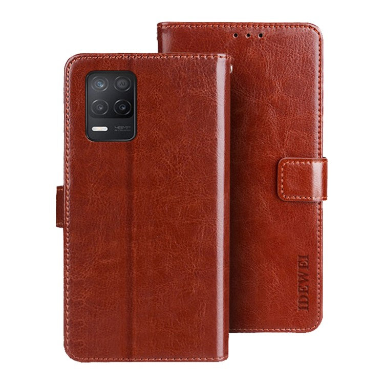 IDEWEI Folio Flip Crazy Horse Texture Leather Casing with Wallet Stand for Realme 8 5G/V13 5G/Narzo 30 5G - Brown
