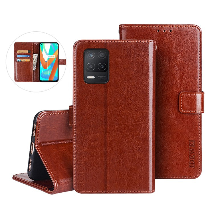 IDEWEI Folio Flip Crazy Horse Texture Leather Casing with Wallet Stand for Realme 8 5G/V13 5G/Narzo 30 5G - Brown