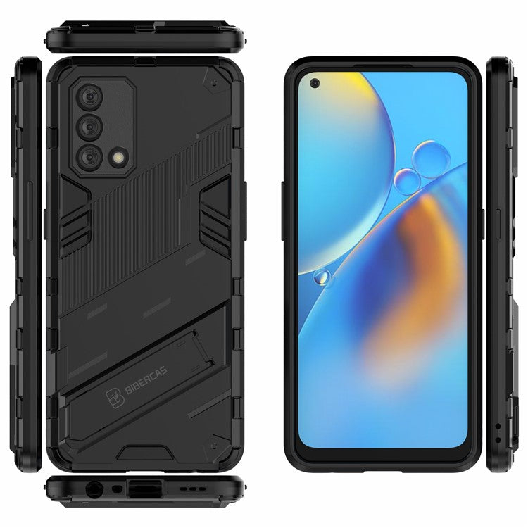 PC + TPU Shockproof Hybrid Phone Back Case Cover with Foldable Kickstand for Oppo A74 4G - Black