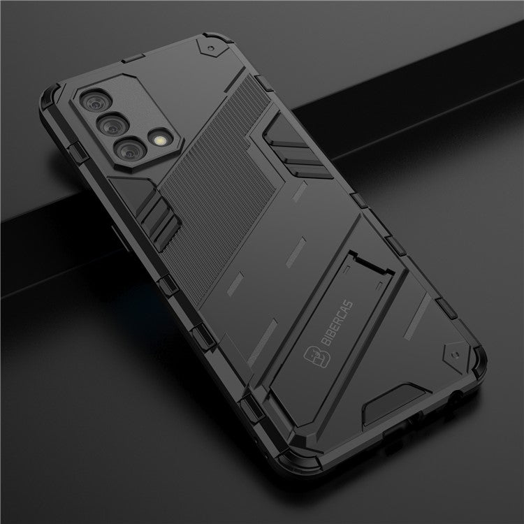 PC + TPU Shockproof Hybrid Phone Back Case Cover with Foldable Kickstand for Oppo A74 4G - Black