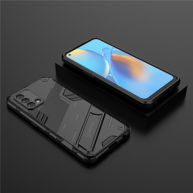 PC + TPU Shockproof Hybrid Phone Back Case Cover with Foldable Kickstand for Oppo A74 4G - Black