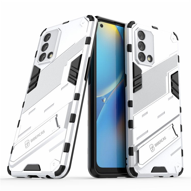 PC + TPU Shockproof Hybrid Phone Back Case Cover with Foldable Kickstand for Oppo A74 4G - White