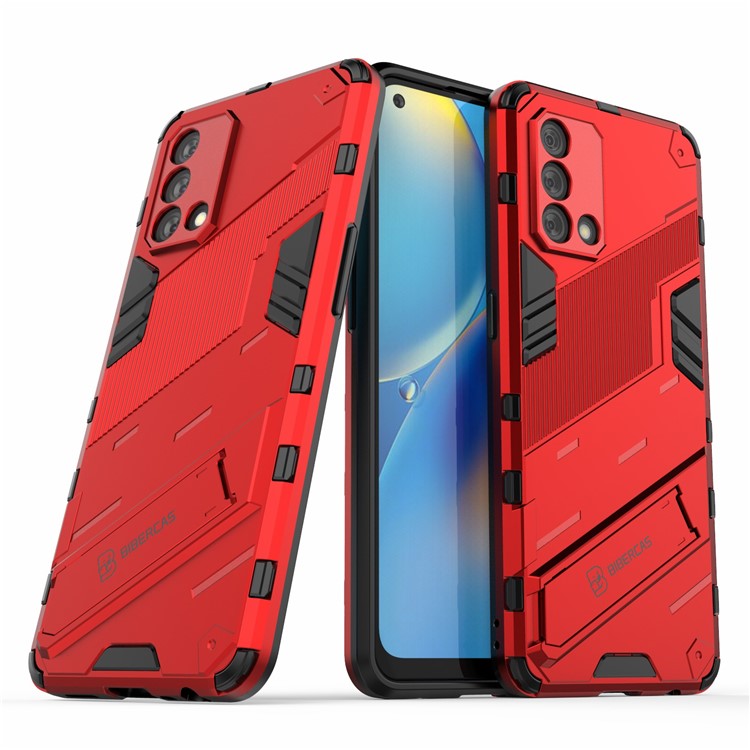PC + TPU Shockproof Hybrid Phone Back Case Cover with Foldable Kickstand for Oppo A74 4G - Red