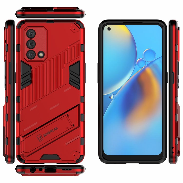 PC + TPU Shockproof Hybrid Phone Back Case Cover with Foldable Kickstand for Oppo A74 4G - Red
