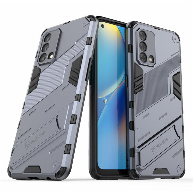 PC + TPU Shockproof Hybrid Phone Back Case Cover with Foldable Kickstand for Oppo A74 4G - Grey