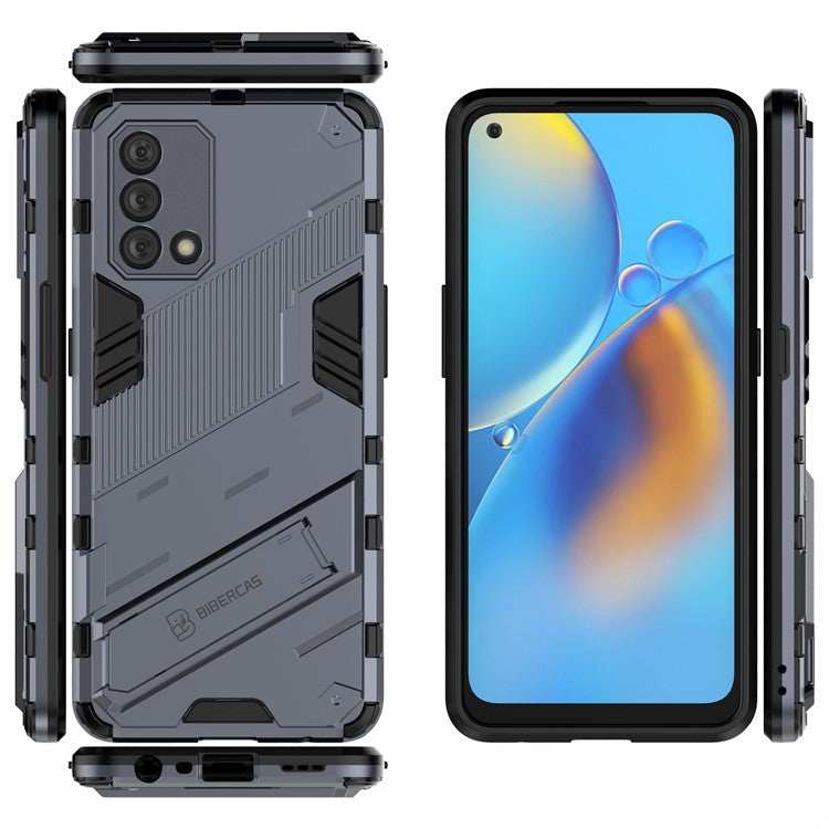 PC + TPU Shockproof Hybrid Phone Back Case Cover with Foldable Kickstand for Oppo A74 4G - Grey