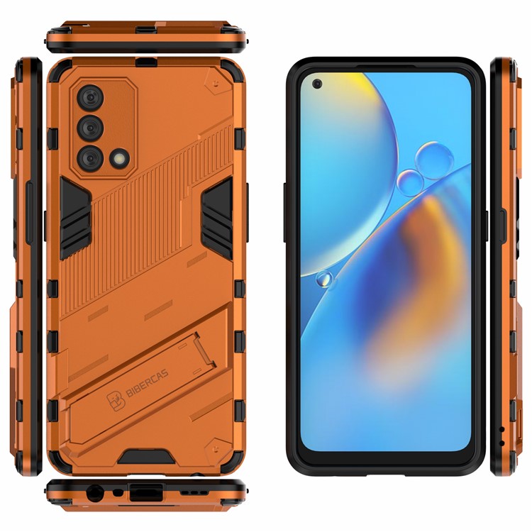 PC + TPU Shockproof Hybrid Phone Back Case Cover with Foldable Kickstand for Oppo A74 4G - Orange