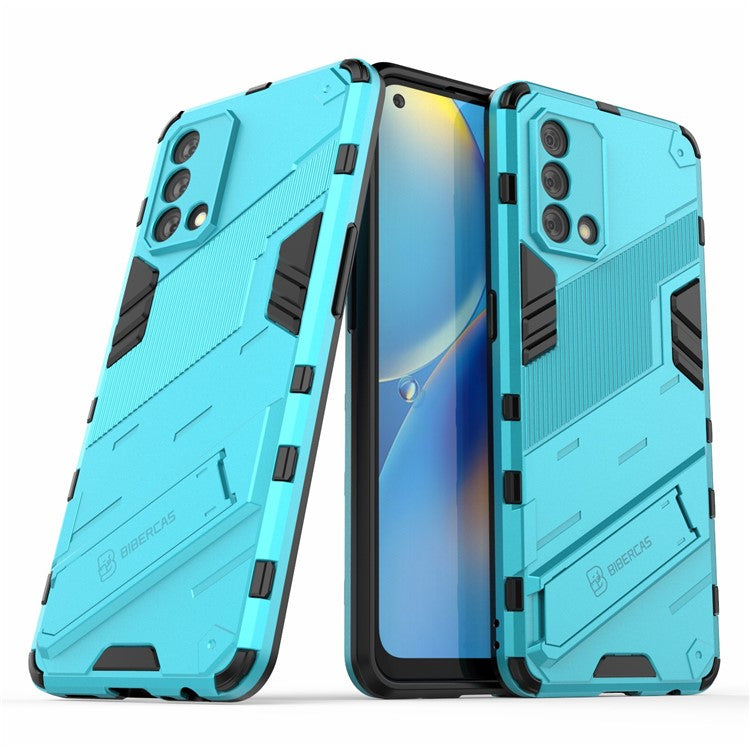 PC + TPU Shockproof Hybrid Phone Back Case Cover with Foldable Kickstand for Oppo A74 4G - Baby Blue
