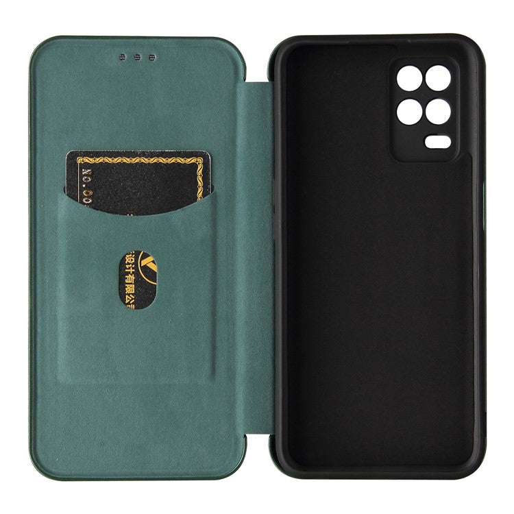 Auto-absorbed Carbon Fiber Leather Card Holder Case for Realme 8 5G/V13 5G/Narzo 30 5G/Q3i 5G/Q3 5G - Green