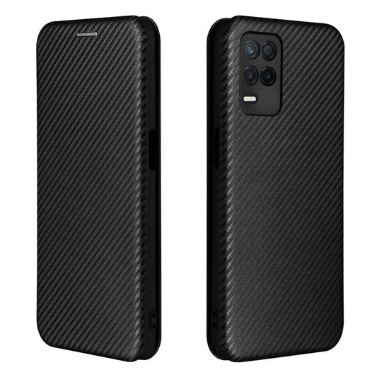 Auto-absorbed Carbon Fiber Leather Card Holder Case for Realme 8 5G/V13 5G/Narzo 30 5G/Q3i 5G/Q3 5G - Black