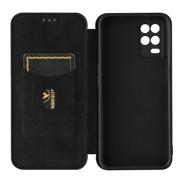 Auto-absorbed Carbon Fiber Leather Card Holder Case for Realme 8 5G/V13 5G/Narzo 30 5G/Q3i 5G/Q3 5G - Black