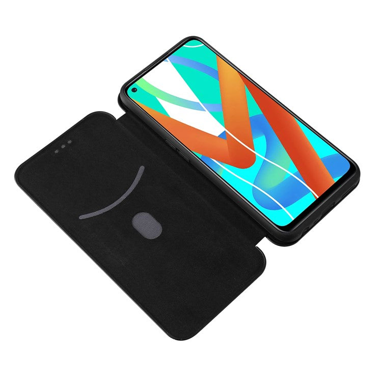 Auto-absorbed Carbon Fiber Leather Card Holder Case for Realme 8 5G/V13 5G/Narzo 30 5G/Q3i 5G/Q3 5G - Black