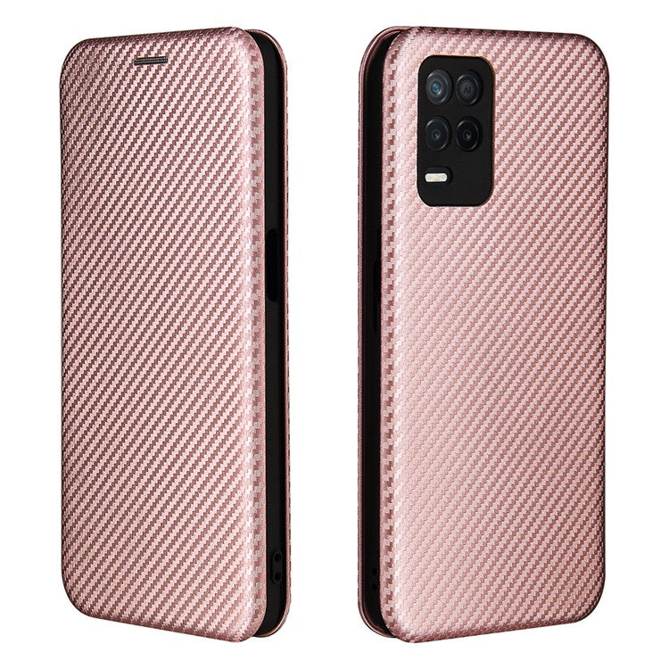 Auto-absorbed Carbon Fiber Leather Card Holder Case for Realme 8 5G/V13 5G/Narzo 30 5G/Q3i 5G/Q3 5G - Rose Gold