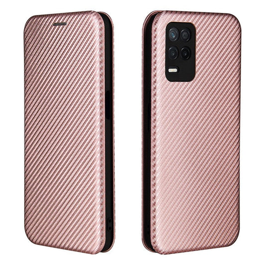 Auto-absorbed Carbon Fiber Leather Card Holder Case for Realme 8 5G/V13 5G/Narzo 30 5G/Q3i 5G/Q3 5G - Rose Gold