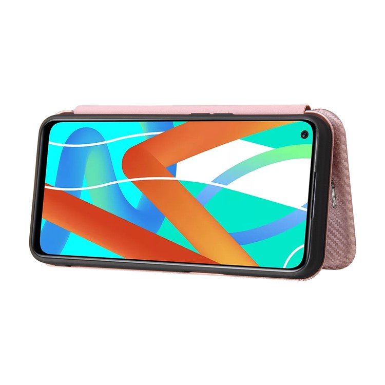 Auto-absorbed Carbon Fiber Leather Card Holder Case for Realme 8 5G/V13 5G/Narzo 30 5G/Q3i 5G/Q3 5G - Rose Gold