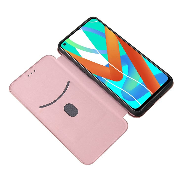 Auto-absorbed Carbon Fiber Leather Card Holder Case for Realme 8 5G/V13 5G/Narzo 30 5G/Q3i 5G/Q3 5G - Rose Gold