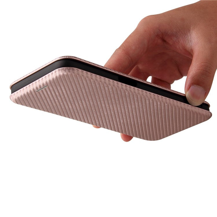 Auto-absorbed Carbon Fiber Leather Card Holder Case for Realme 8 5G/V13 5G/Narzo 30 5G/Q3i 5G/Q3 5G - Rose Gold