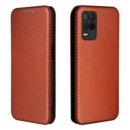 Auto-absorbed Carbon Fiber Leather Card Holder Case for Realme 8 5G/V13 5G/Narzo 30 5G/Q3i 5G/Q3 5G - Orange