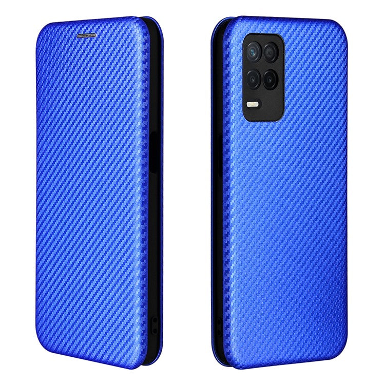 Auto-absorbed Carbon Fiber Leather Card Holder Case for Realme 8 5G/V13 5G/Narzo 30 5G/Q3i 5G/Q3 5G - Blue