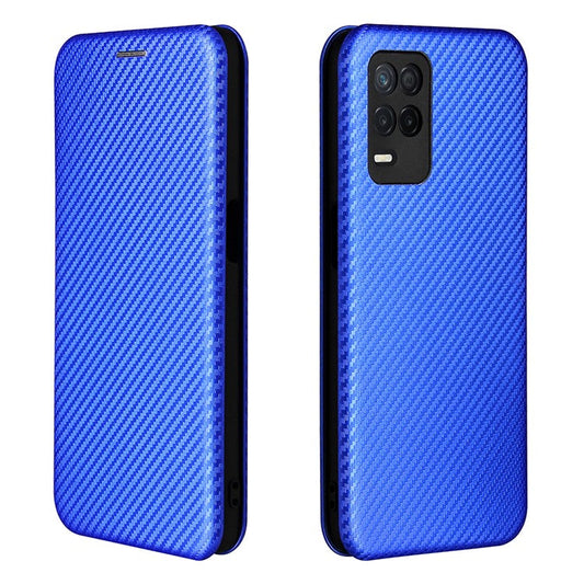 Auto-absorbed Carbon Fiber Leather Card Holder Case for Realme 8 5G/V13 5G/Narzo 30 5G/Q3i 5G/Q3 5G - Blue