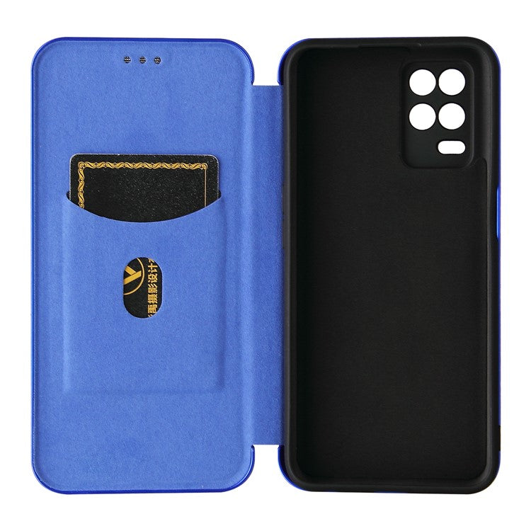 Auto-absorbed Carbon Fiber Leather Card Holder Case for Realme 8 5G/V13 5G/Narzo 30 5G/Q3i 5G/Q3 5G - Blue