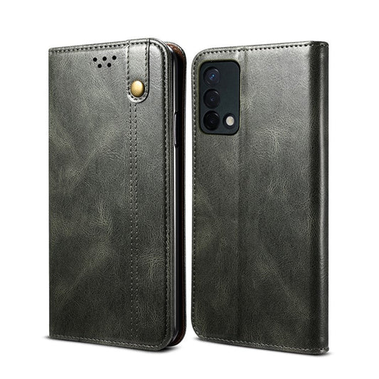 Oil Wax Surface PU Leather + Inner Soft TPU Phone Cover Case with Wallet Stand for Oppo F19/A74 4G - Green