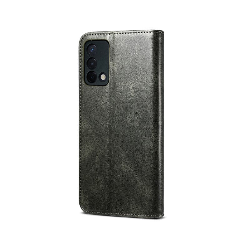 Oil Wax Surface PU Leather + Inner Soft TPU Phone Cover Case with Wallet Stand for Oppo F19/A74 4G - Green