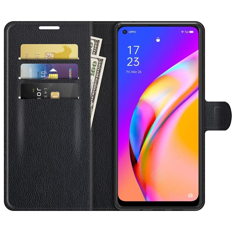 Wallet Design Litchi Texture Leather Phone Case Folio Flip Cover with Stand for Oppo A94 5G - Black
