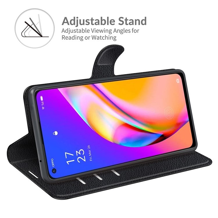 Wallet Design Litchi Texture Leather Phone Case Folio Flip Cover with Stand for Oppo A94 5G - Black
