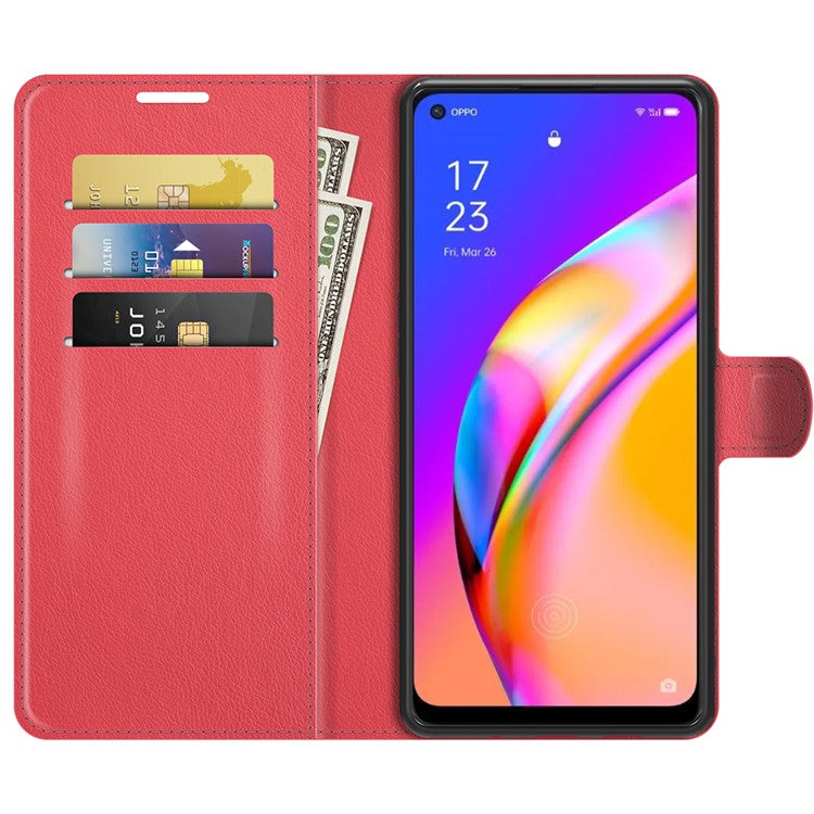 Wallet Design Litchi Texture Leather Phone Case Folio Flip Cover with Stand for Oppo A94 5G - Red