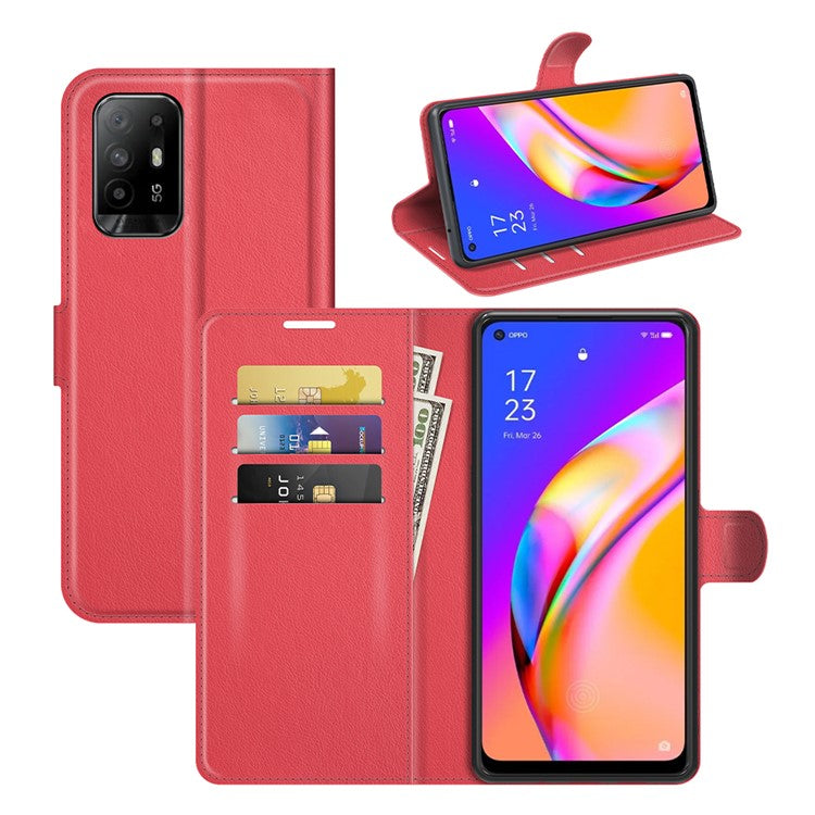 Wallet Design Litchi Texture Leather Phone Case Folio Flip Cover with Stand for Oppo A94 5G - Red