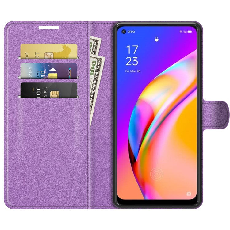 Wallet Design Litchi Texture Leather Phone Case Folio Flip Cover with Stand for Oppo A94 5G - Purple