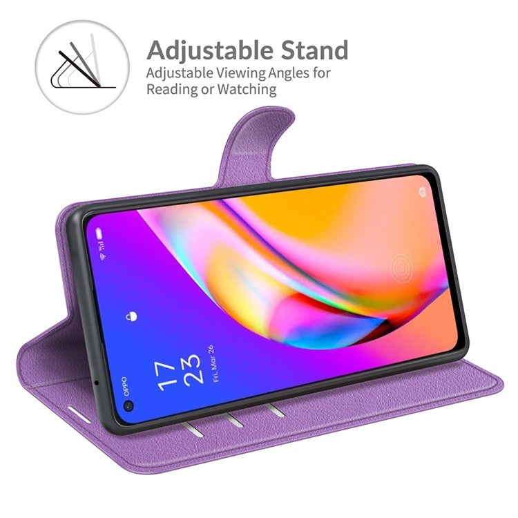 Wallet Design Litchi Texture Leather Phone Case Folio Flip Cover with Stand for Oppo A94 5G - Purple