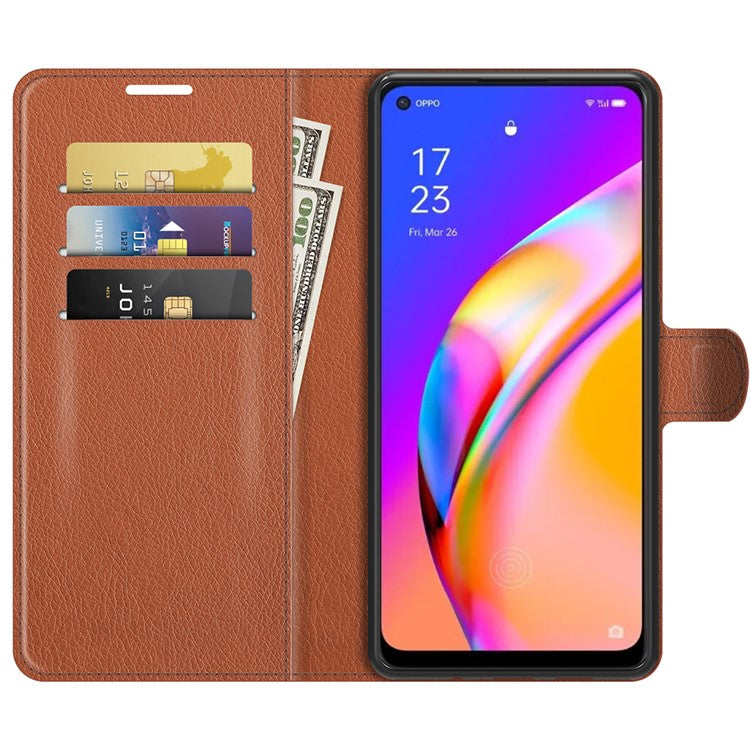 Wallet Design Litchi Texture Leather Phone Case Folio Flip Cover with Stand for Oppo A94 5G - Brown