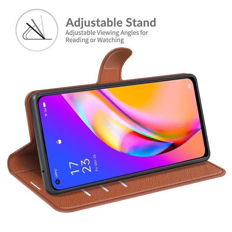 Wallet Design Litchi Texture Leather Phone Case Folio Flip Cover with Stand for Oppo A94 5G - Brown