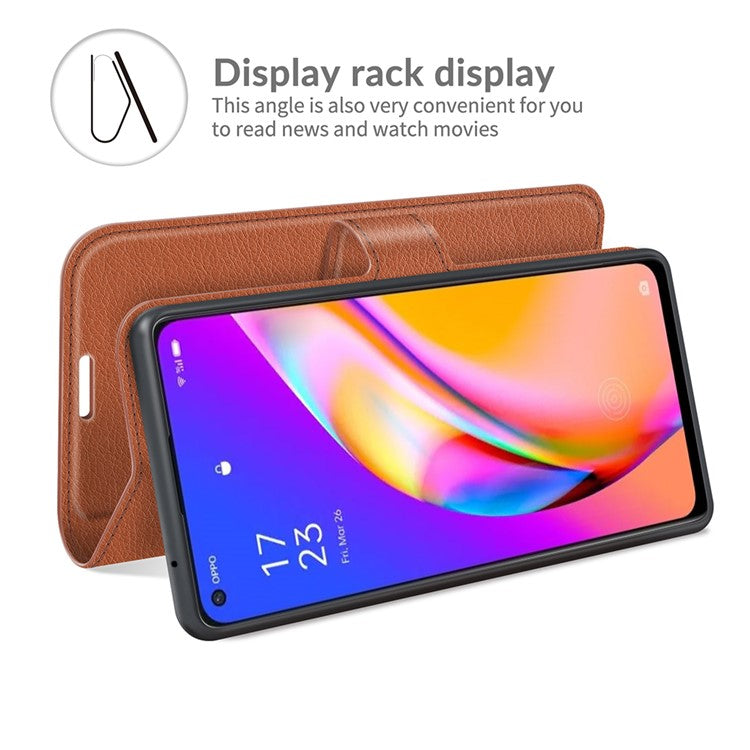 Wallet Design Litchi Texture Leather Phone Case Folio Flip Cover with Stand for Oppo A94 5G - Brown