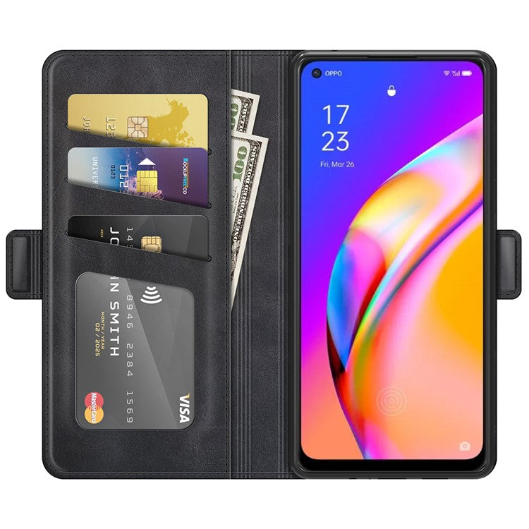 PU Leather Wallet Stand Double Clasp Magnetic Closure Phone Case Shell for Oppo A94 5G - Black