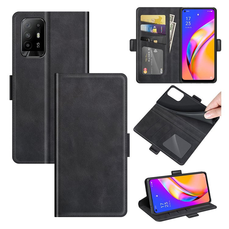 PU Leather Wallet Stand Double Clasp Magnetic Closure Phone Case Shell for Oppo A94 5G - Black